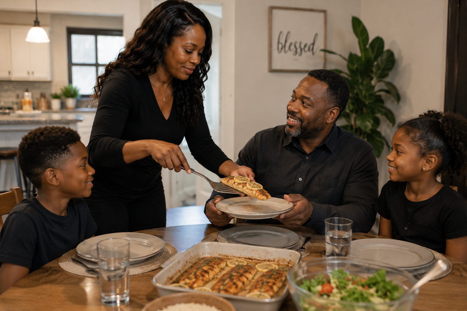 Black woman serving fish to her family at the dinner table