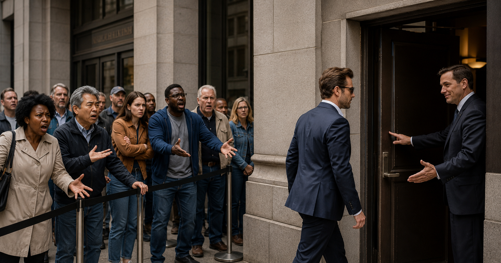 Line skipping at City Hall as angry residents watch a man enter through a side door