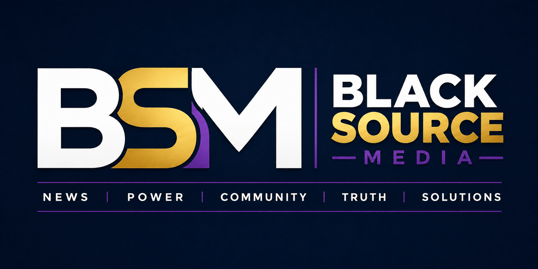 BSM Black Source Media logo on a dark blue gradient, with bold white letters and gold/purple accents, plus the words MEDIA and a purple divider line.