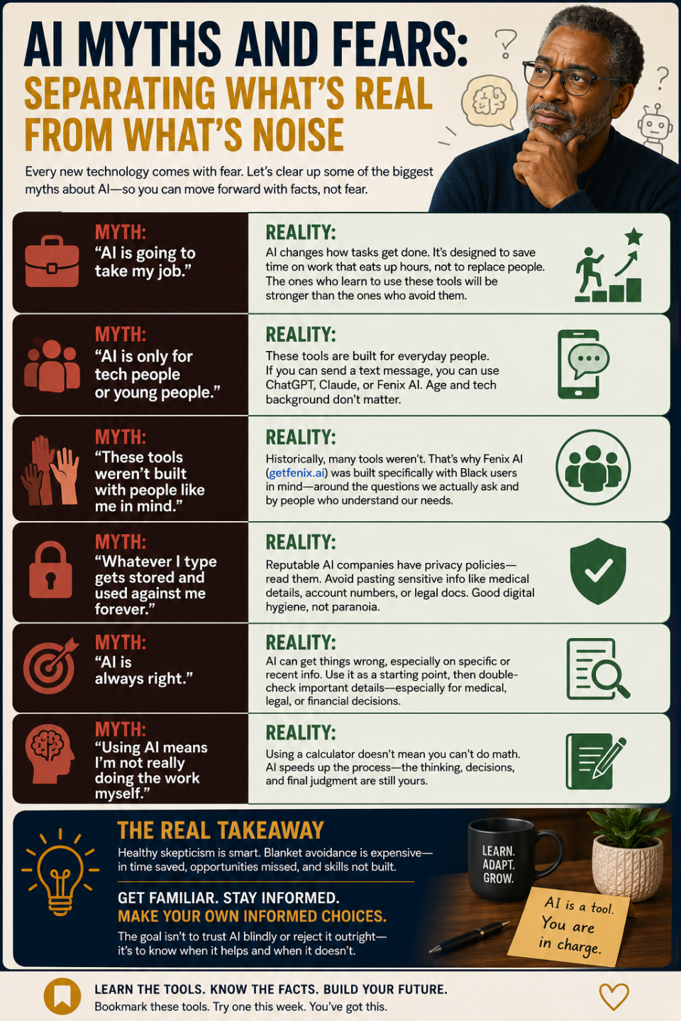 Infographic: AI myths vs. realities, contrasting common myths with practical explanations and icons.