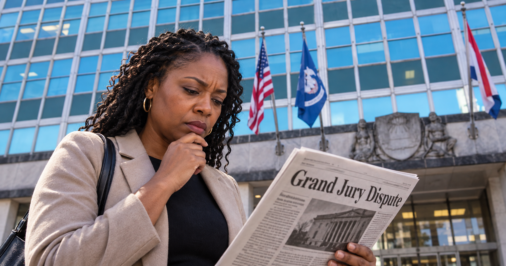 Black woman outside New Orleans City Hall reading news about the Moreno grand jury dispute