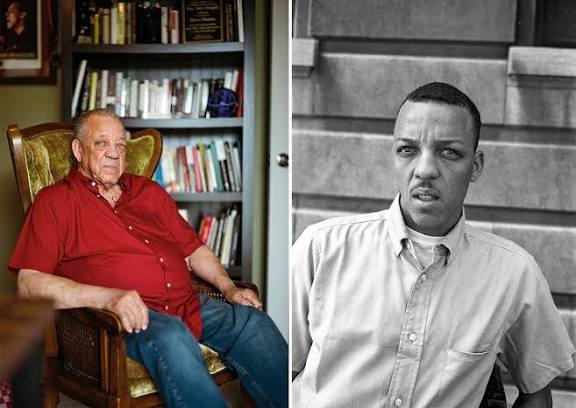 Split image: older man in a red shirt seated in a library on the left; younger man in a light shirt on stairs on the right (black and white).