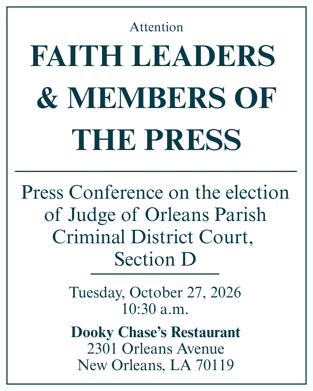 Invitation to the Oct. 27 gathering of Black pastors at Dooky Chase's Restaurant supporting Judge Kimya Holmes