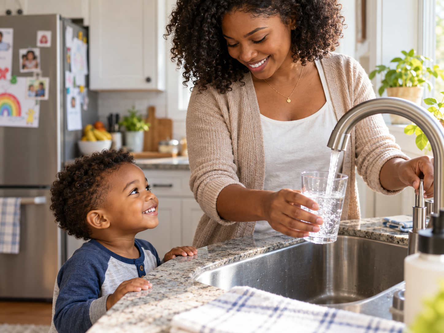 Black mother filling a glass of tap water for her son as Louisiana Amendment 7 goes before voters