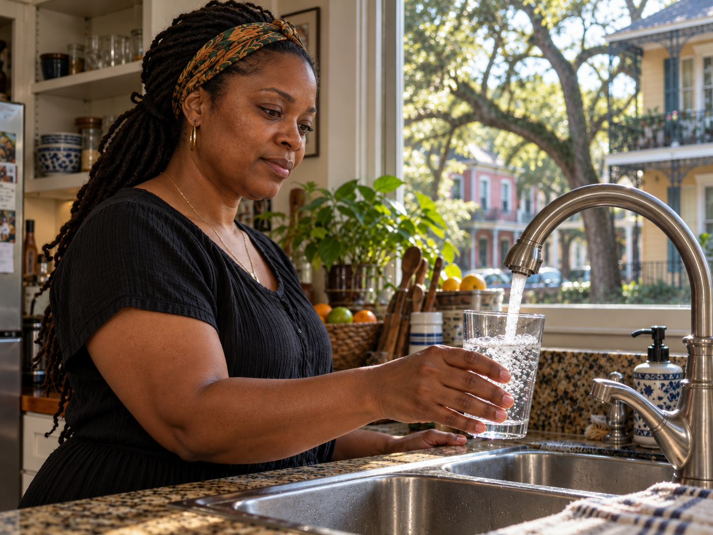 Sewerage and Water Board funding: Black woman fills a glass with tap water in her New Orleans kitchen