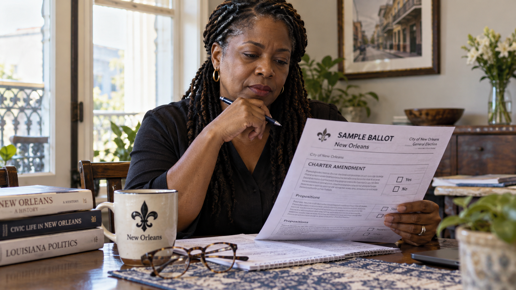 Black woman reviewing her sample ballot for the New Orleans charter amendment