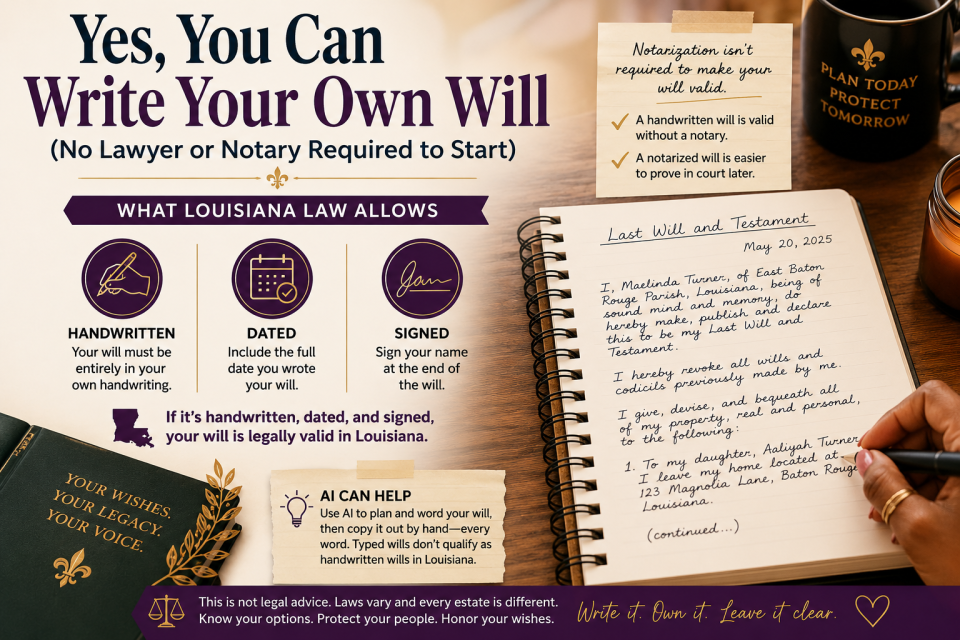 Infographic promoting DIY wills in Louisiana, showing the headline Yes, You Can Write Your Own Will and three icons labeled Handwritten, Dated, Signed, plus a notebook page reading Last Will and Testament."